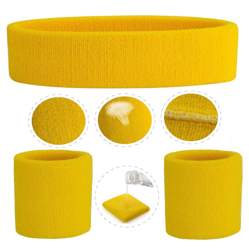 ONUPGO Yellow Sweatband Set Sports Headband Wrist Striped Sweatbands Terry Cloth Wristband Athletic Exercise Basketball Wrist Sweatband and Headbands Moisture Wicking Sweat Absorbing Head Band - Image 3